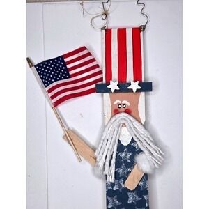 Patriotic Americana Wooden Uncle Sam Porch Decor God Bless Us All Flag 2Ft